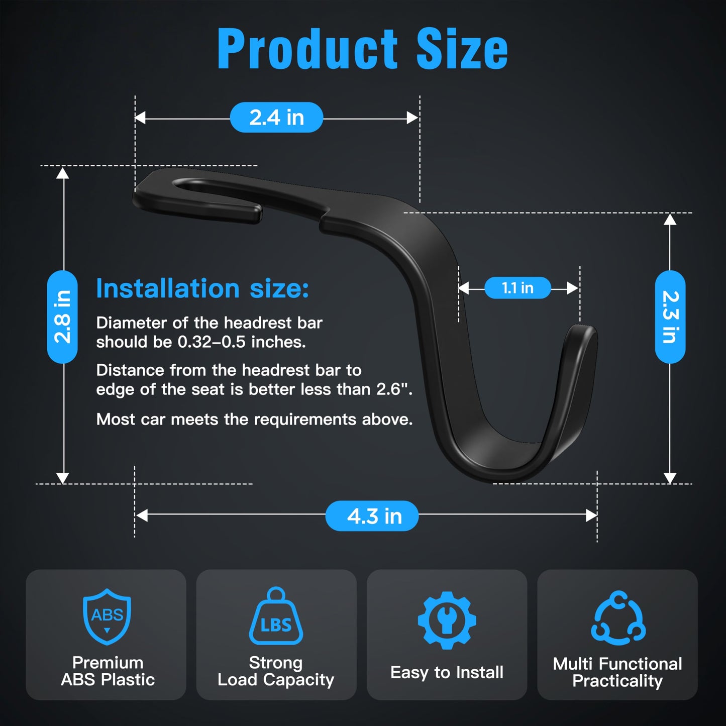 Amooca Headrest Hook Set – 55lbs, 360° Rotating – Black