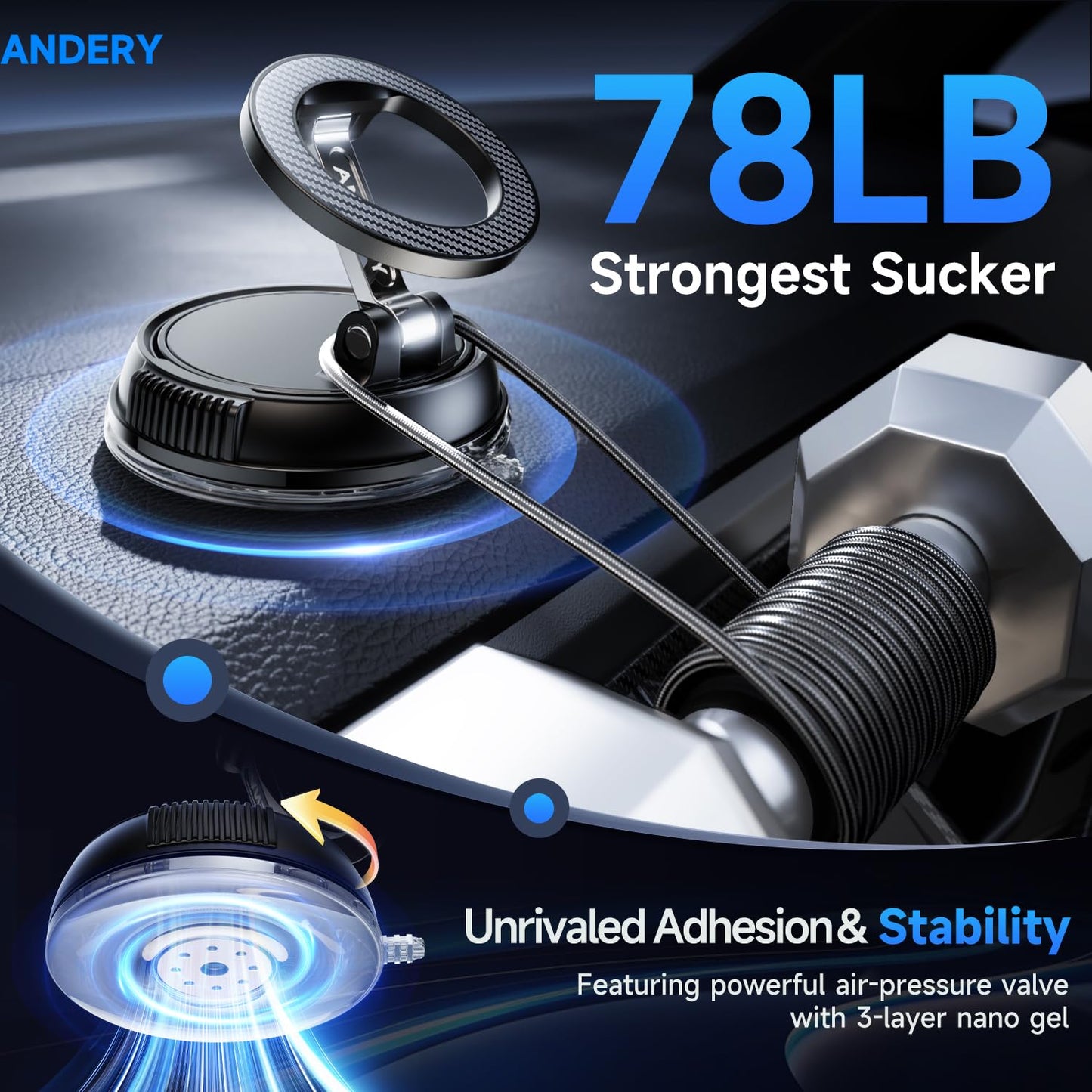 ANDERY MagSafe Phone Mount – Carbon Fiber – Ultra-Strong Magnetic & Suction
