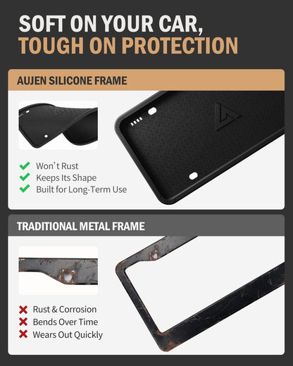 Aujen Silicone Plate Frames – 2 Pack, Black – Weatherproof & Rust-Proof
