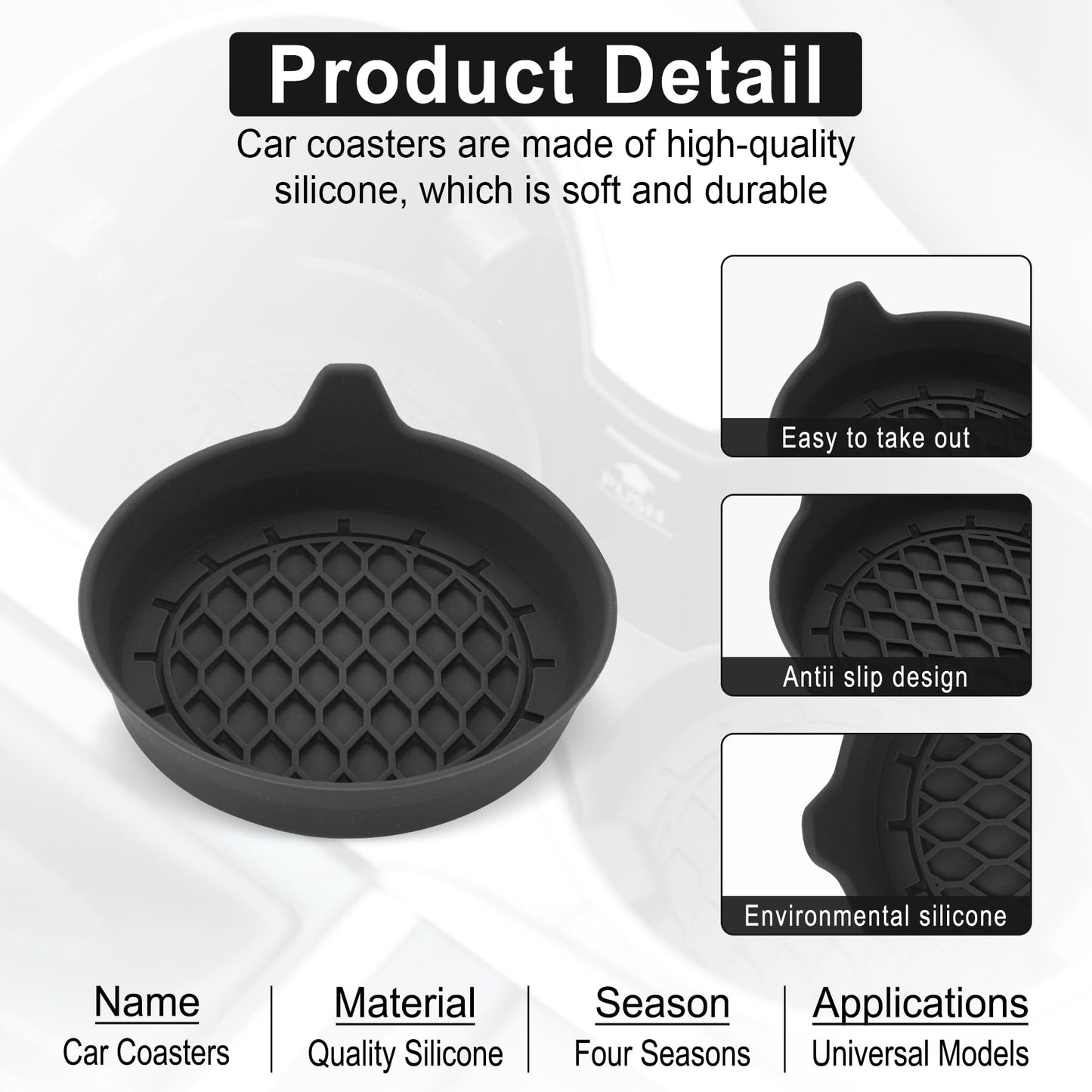 SINGARO Car Cup Coasters – 4 Pack, Black – Non-Slip Silicone