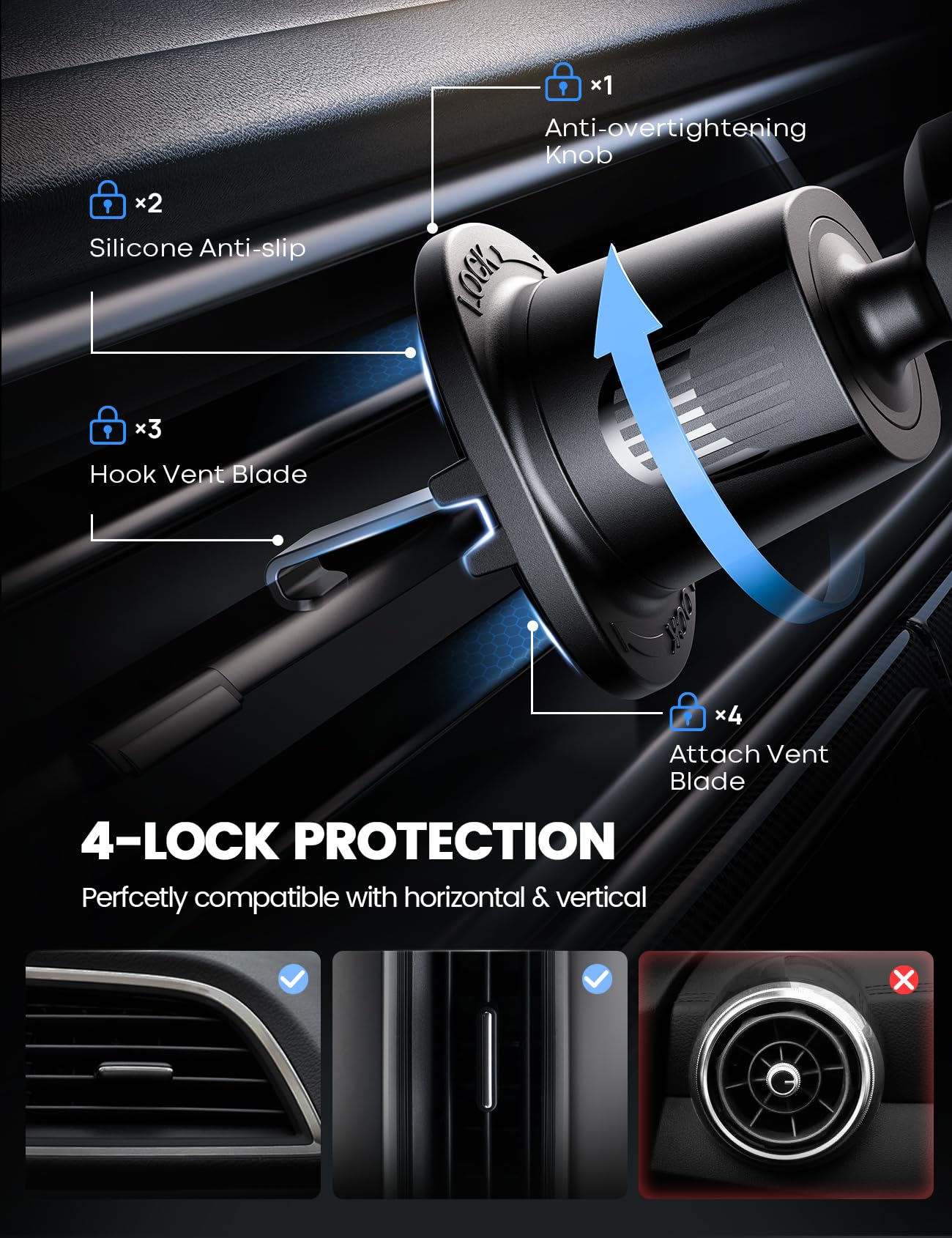 Lamicall Car Phone Mount – Wider Clamp, Metal Hook – Fits Thick Cases