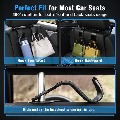Amooca Headrest Hook Set – 55lbs, 360° Rotating – Black