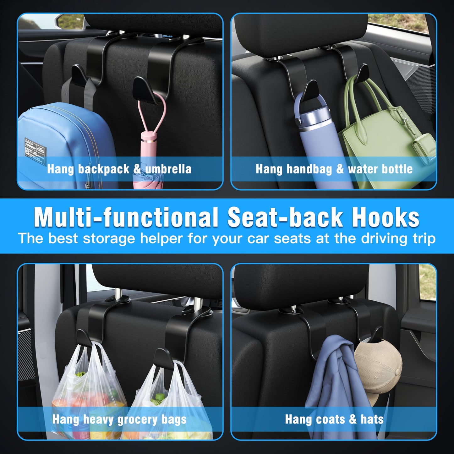 Amooca Headrest Hook Set – 55lbs, 360° Rotating – Black